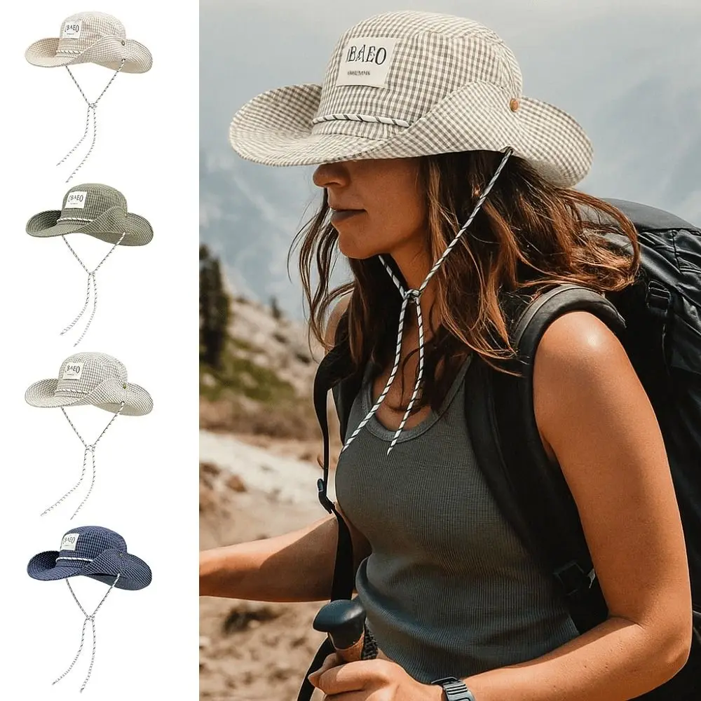 

New Letter Patch Drawstring Bucket Hats Large Brim Sun Protection Hiking Caps Uv Protection Straps Bucket Hat Outdoor