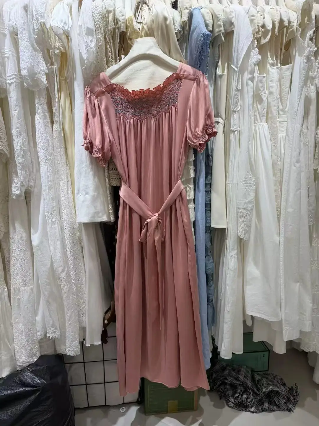 100% Silk Women's Pink Maxi Dress Embroidery Lace-up Waist Square Collar Puff Sleeve Elegant Ladies Robe