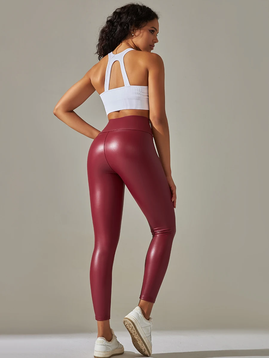 Leggings de cintura apertada para mulheres, monocromática, calça de couro costurante, calça casual feminina, calças justas de nove pontos