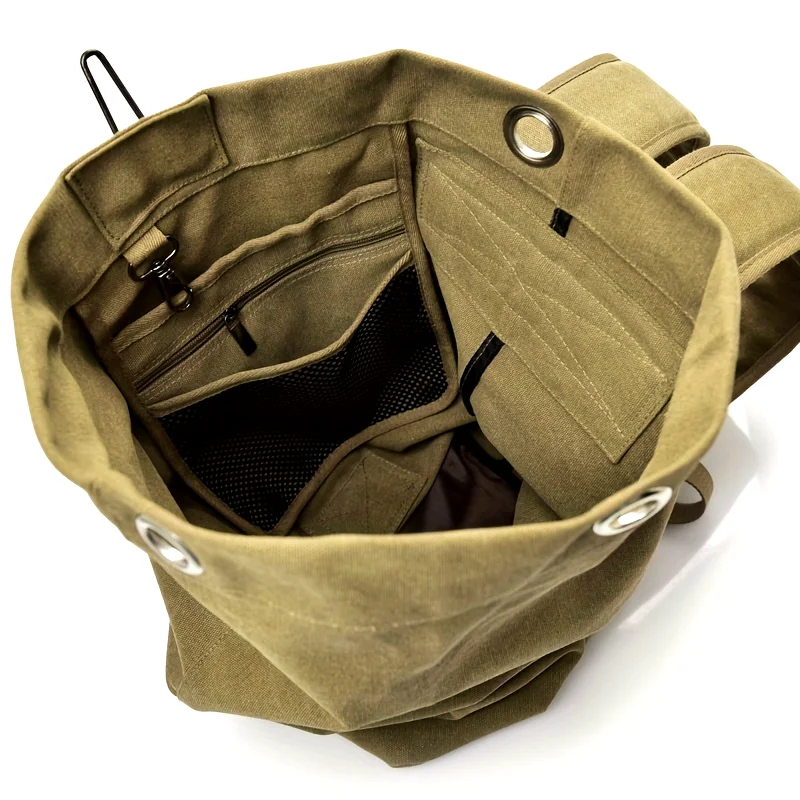 Large Capacity Khaki Canvas Backpack for Men - Adjustable, Lightweight, Foldable Travel， Durable Polyester Lining