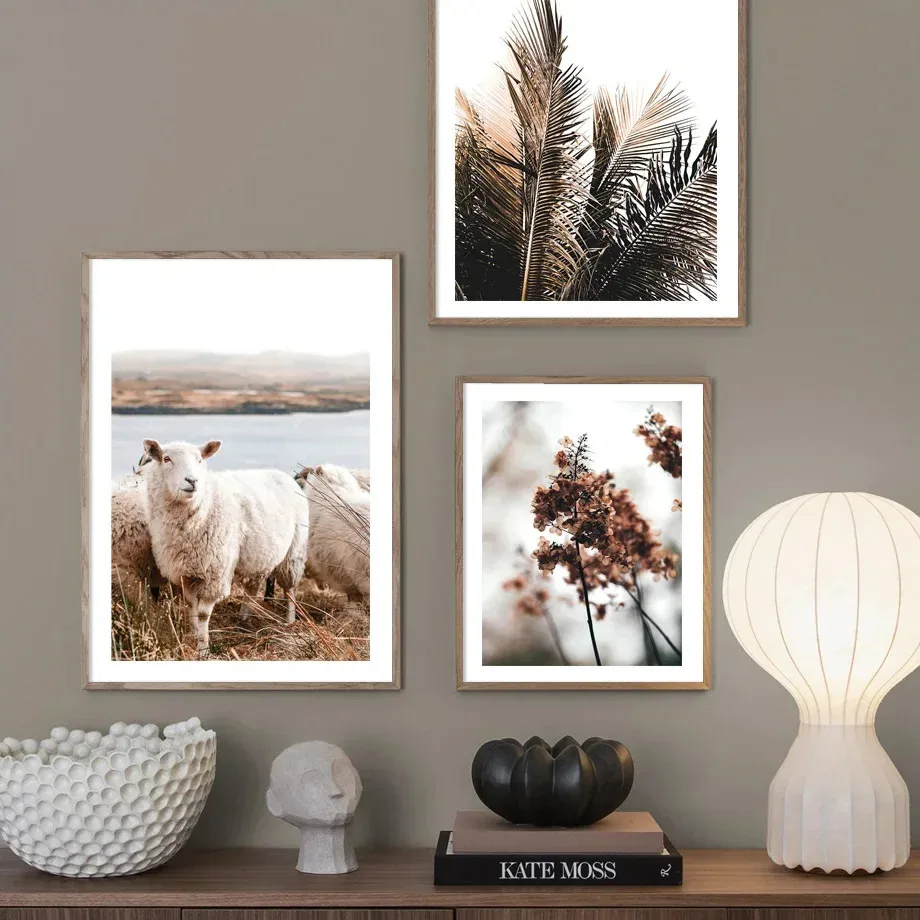 الشمال أوراق النخيل العشب الأغنام الغزلان الألبكة اليقطين الدراجة الخريف المشارك طباعة حائط لوح رسم الفن صور لغرفة المعيشة ديكور #3