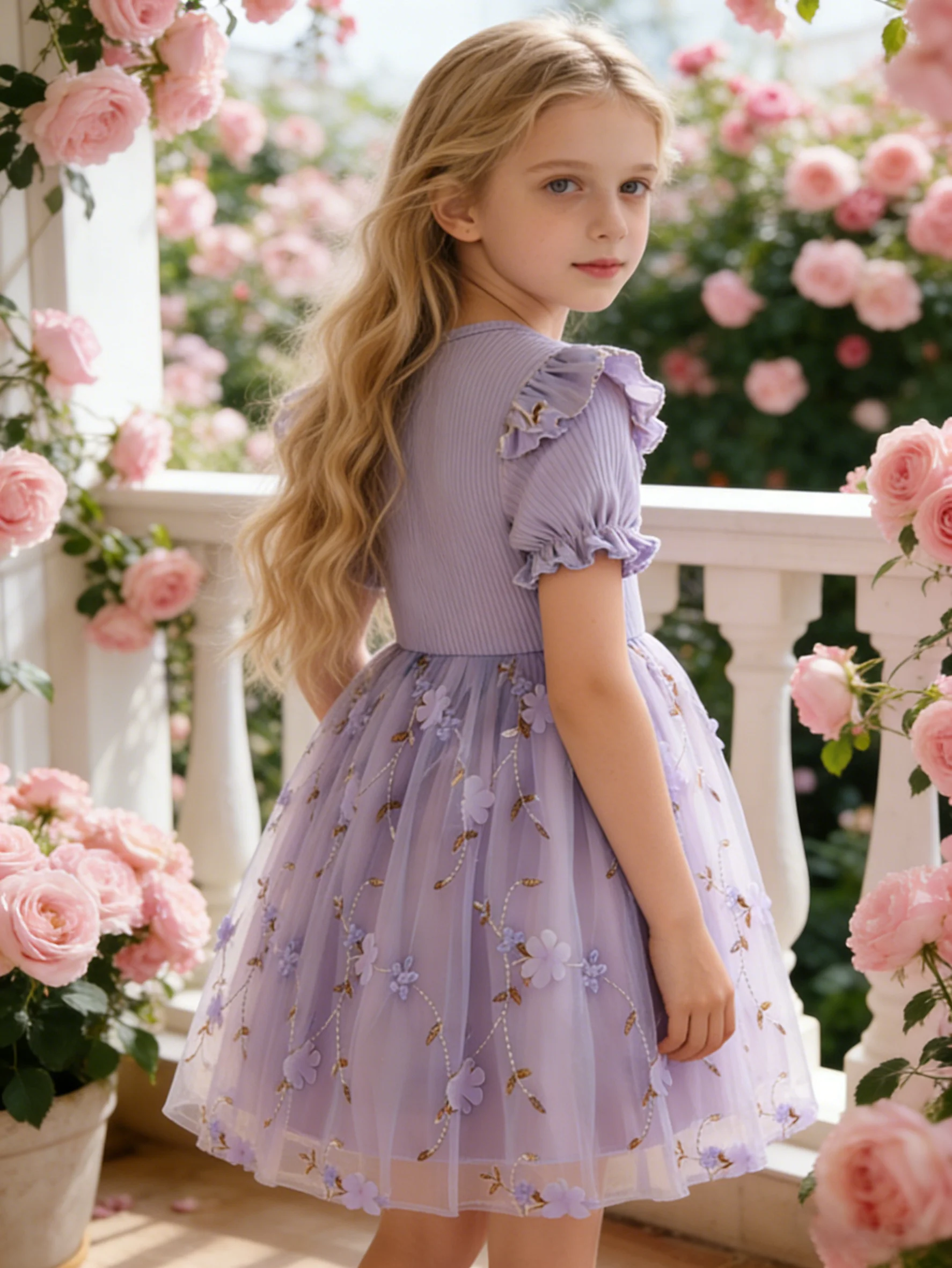 Ins-Style Mädchenkleid, geripptes Oberteil mit Flatterärmeln + Tüllrock mit goldfarbenen Kirschblüten – Detail 2