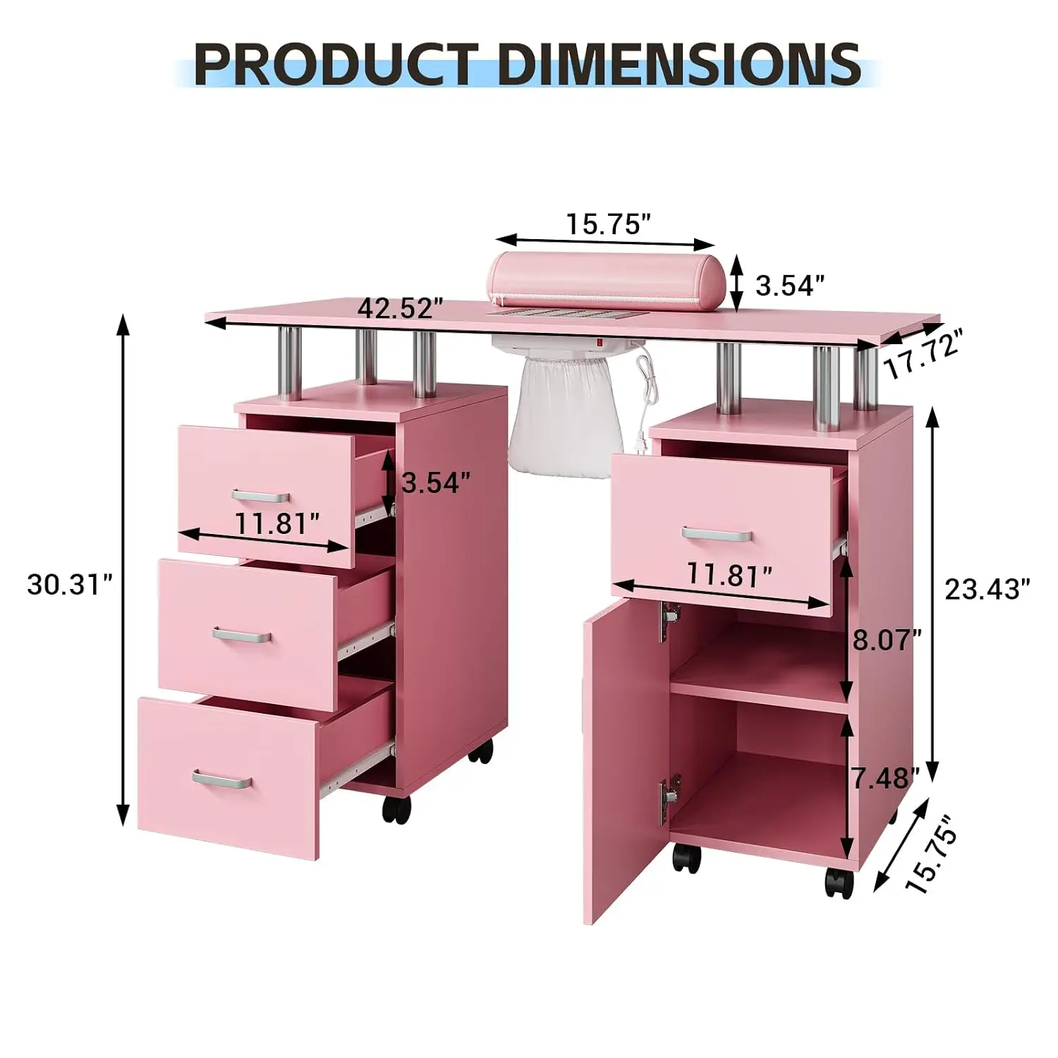 Manicure Table Nail Desk, Nail Station with Electric Dust Collector, Wrist Rest and Storage Drawers Cabinet, Beauty, Customized