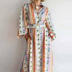 Casual Single Breasted Long Sleeved Holiday Dress Fashion Floral Print Pocket Boho Dress Spring Summer V Neck Belt Pleated Dress
