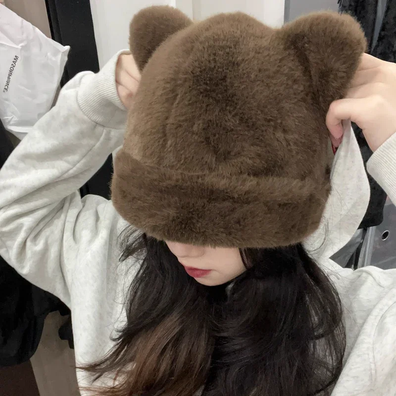 Nuevo gorro Retro de felpa con orejas de gato, gorro grueso y cálido a prueba de frío para invierno, gorro con protección para los oídos cálido y frío a la moda de Color sólido Simple