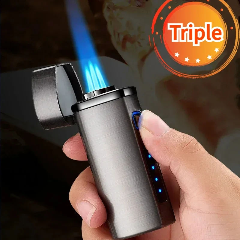 

Triple Touch Lighter Sensing Electric Metal Lighter Blue Flame Jet Cigar Tool Windproof USB Turbo Three Flashlight Lighter Men