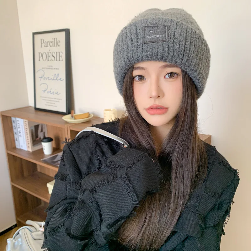 New Earbag Plus Fleece Knitted Warm Hat For Women Autumn-Winter Lettering Wool Bib Knitted Hat