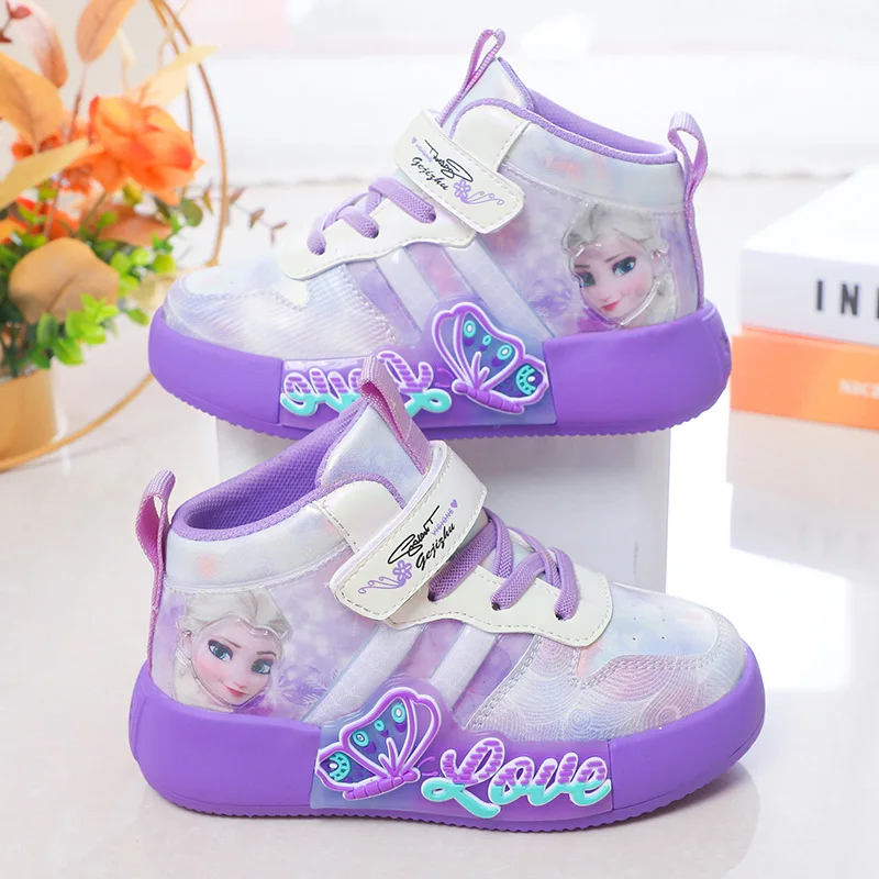 Disney Princess Elsa High Top Casual Board Shoes Children\'s Autumn and Winter Plus Plush Sports Shoes Korean Style Trend Shoes