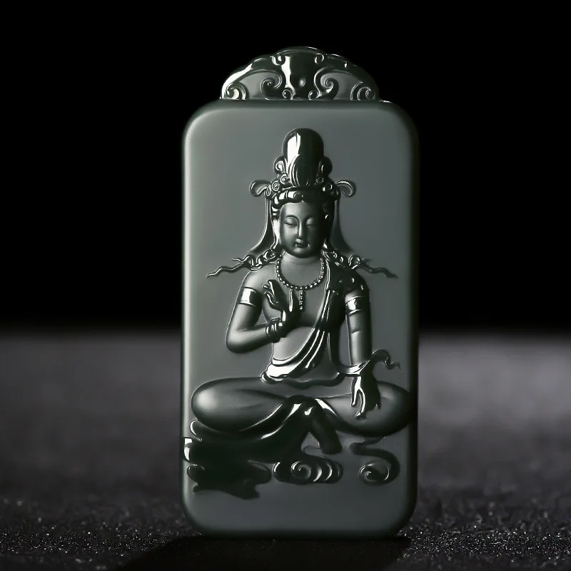 

Fine Jewelry Natural Hetian Nephrite Jade Double Sided Carved Guanyin Jade Pendant With Green Jade