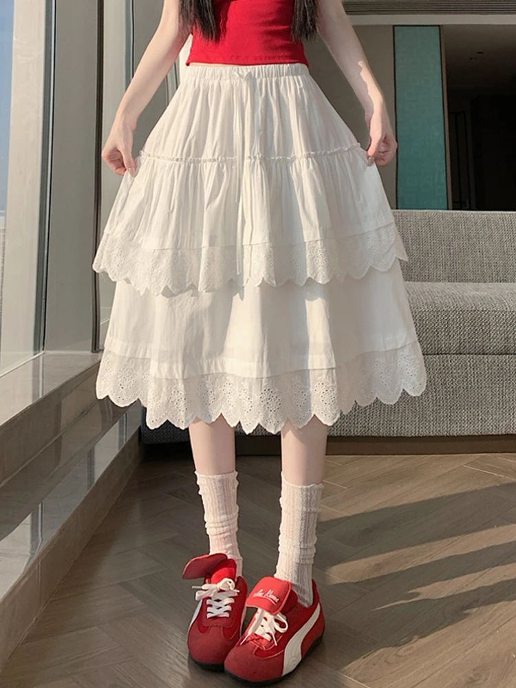 

Белая юбка с кружевной отделкой, женская, весна-лето, с высокой талией, приталенная, А-силуэт, многоярусная, вышитая, миди, в корейском стиле