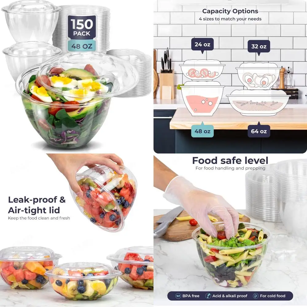 

Disposable Clear Salad Bowls, 150 Pack, 48 oz, Airtight Lids, Ideal for Lunch, Takeout, Parties, and Catering Services