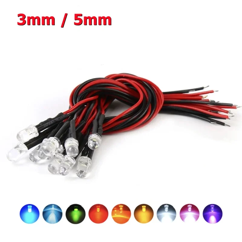 10 Uds 3mm 5mm 3V-12V luz LED rojo azul amarillo blanco lámpara piloto 20cm diodos emisores precableados para piezas de juguete de coche modelo RC