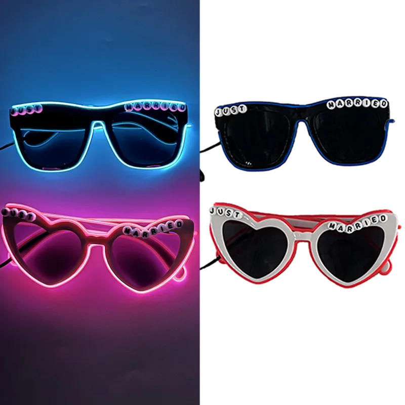 LED Neon Luminous Glasses Just Married for Bride Groom, Wedding Party Decor & Honeymoon Photo Props