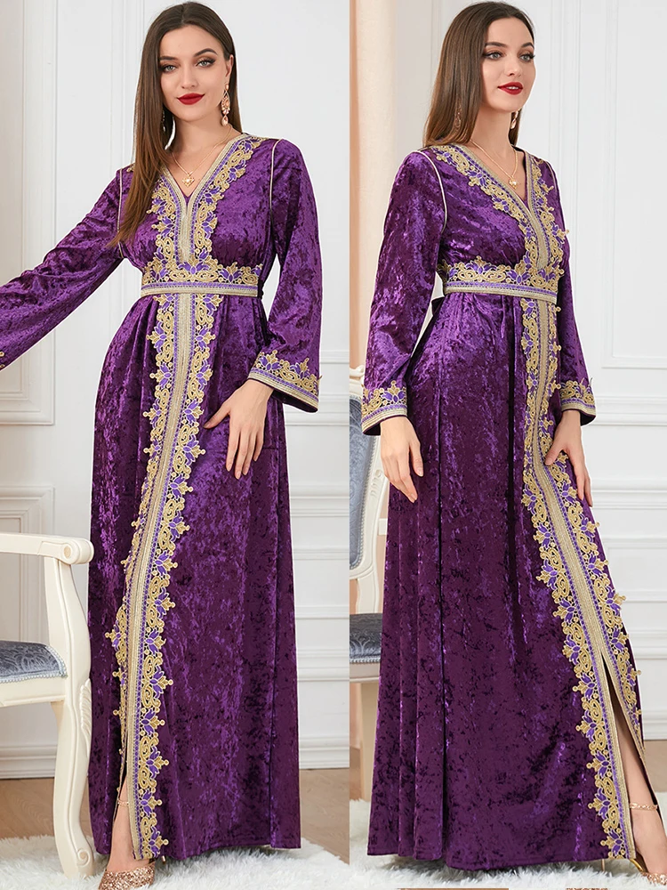 

Autumn Winter Thicken Velvet Muslim Dress Women Abaya Embroidery Split Hem Morocco Party Dress Kaftan Turkey Arabic Long Robe