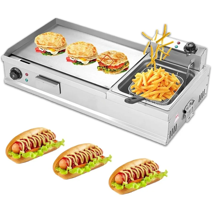 

Commercial Electric Griddle Indoor Cooking with Deep Fryer Flat Top Grill with Seasoning Rack in Stainless Steel Black for High