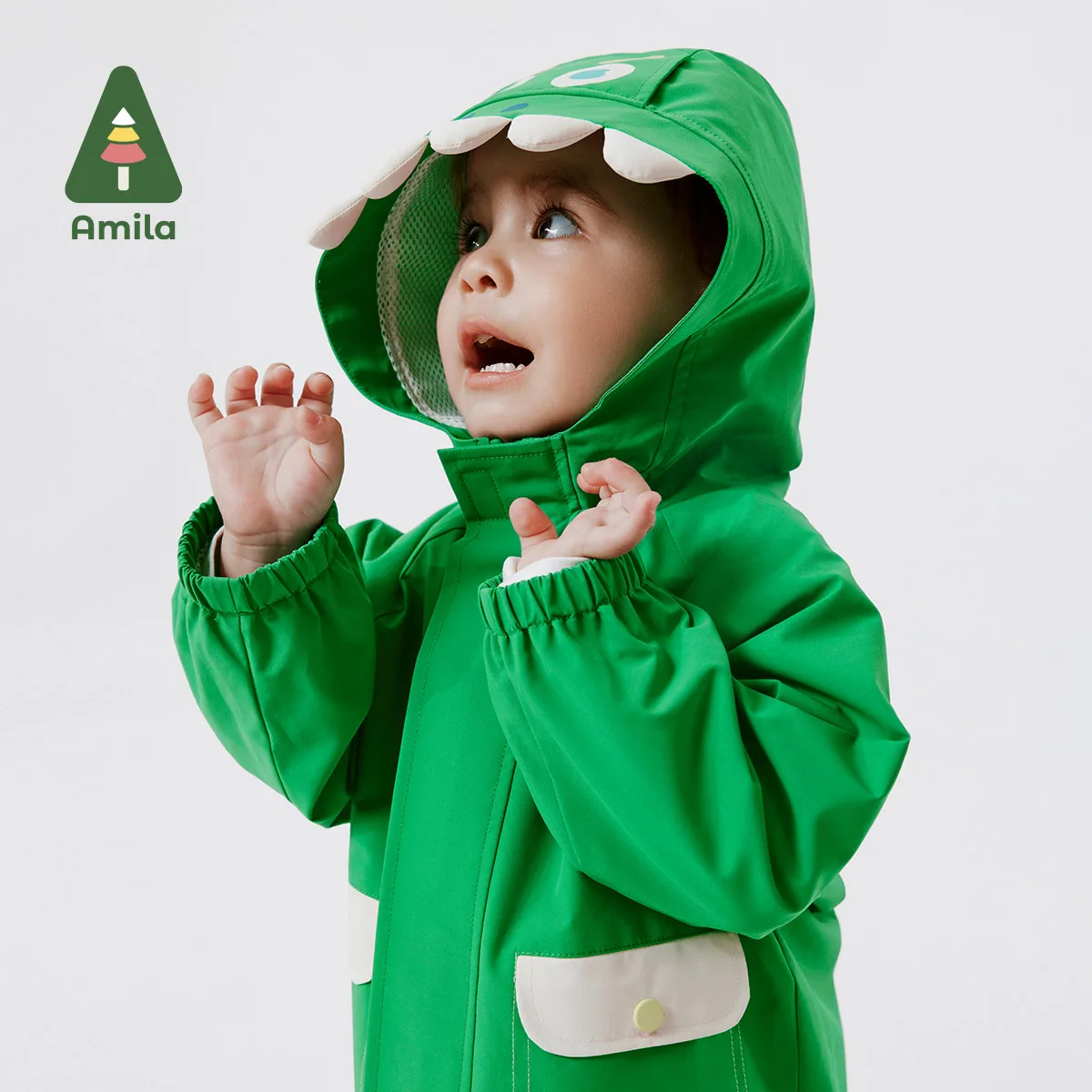 Amila Baby Boys‘ Jacket 2024 Spring New Solid Color Waterproof Breathable Cute Little Dinosaur Hooded Coat