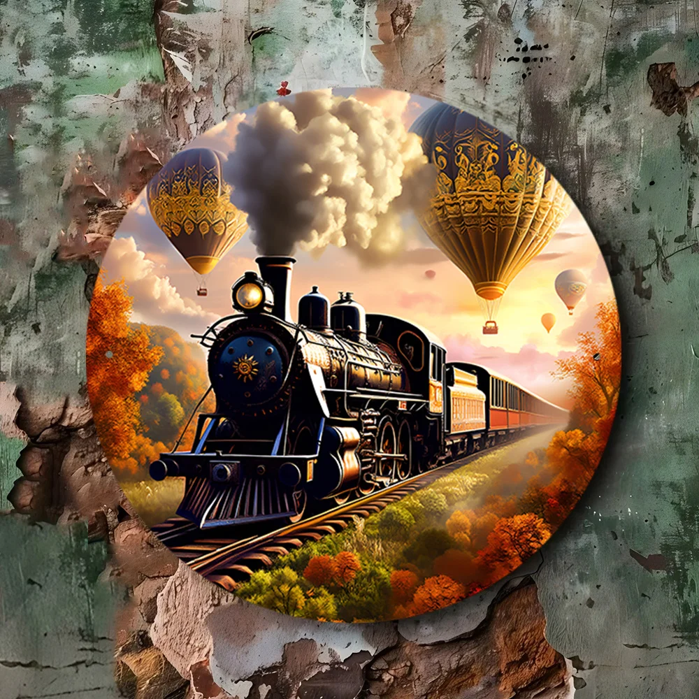 Vintage Train & Hot Air Balloon Wall Decor - 7.16 Inch Round Aluminum Metal Art with Locomotive, Steam Locomotive & Hot Air Ba