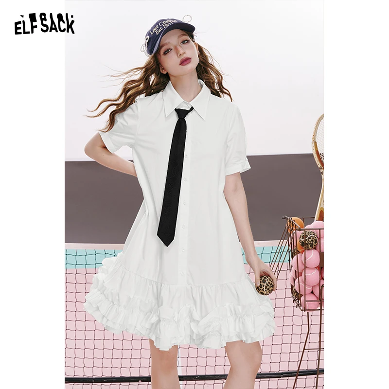 

ELFSACK 2024 summer new arrival College style white gentle petite slim pleated shirt dress for women