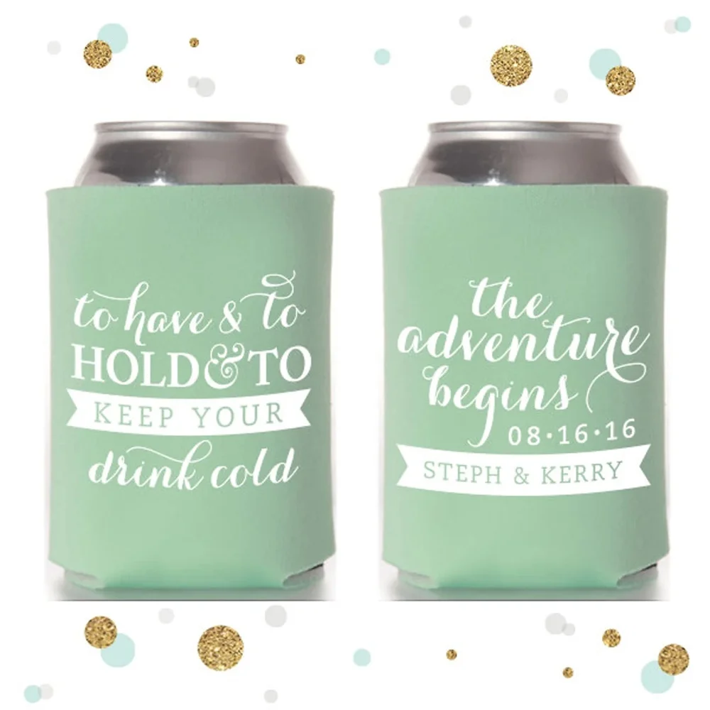 

The Adventure Begins - Wedding Can Cooler #14R - Custom - To Have and To Hold - Bridal Wedding Favors, Beverage Insulators, Beer