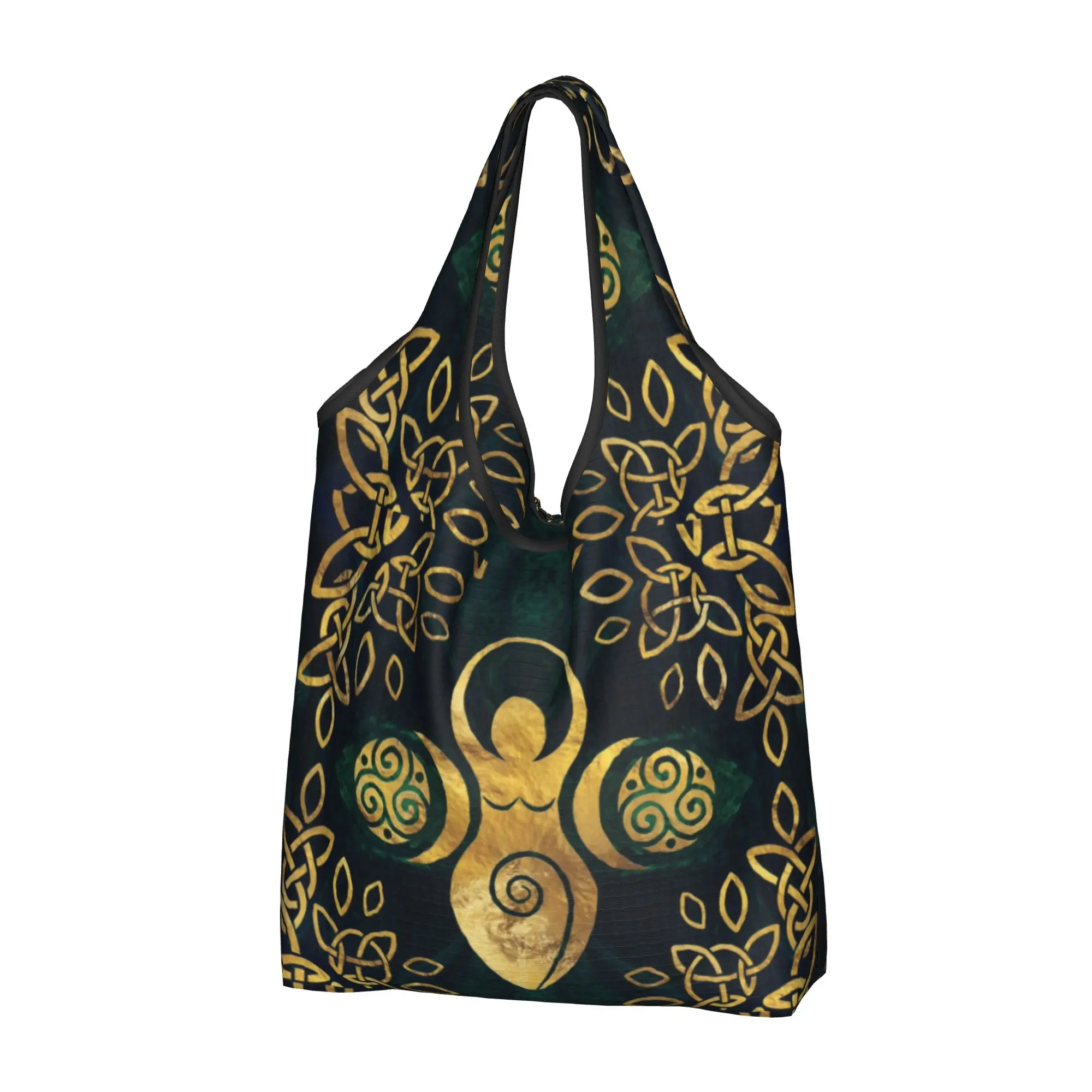 Fashion Print Gold Triple Goddess With Triskele Shopping Tote Bags Portable Shopper Shoulder Pagan Wiccan Handbag