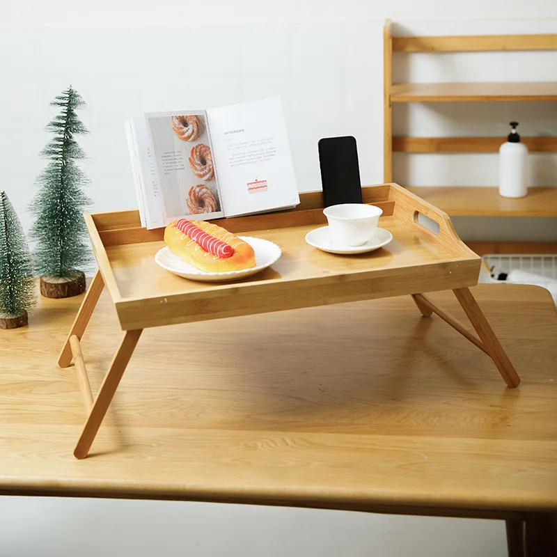 Nanzhu wooden foldable bed, dining table, mobile phone slot, bamboo tray for lazy people, simple small table, folding table