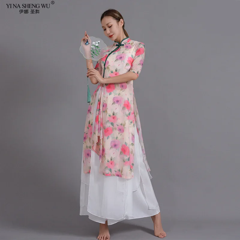 Chinese Folk Dance Gauze Clothes Improve Qipao for Women Classical Dance Practice Suit Half Sleeve Printed Dance Performance Top