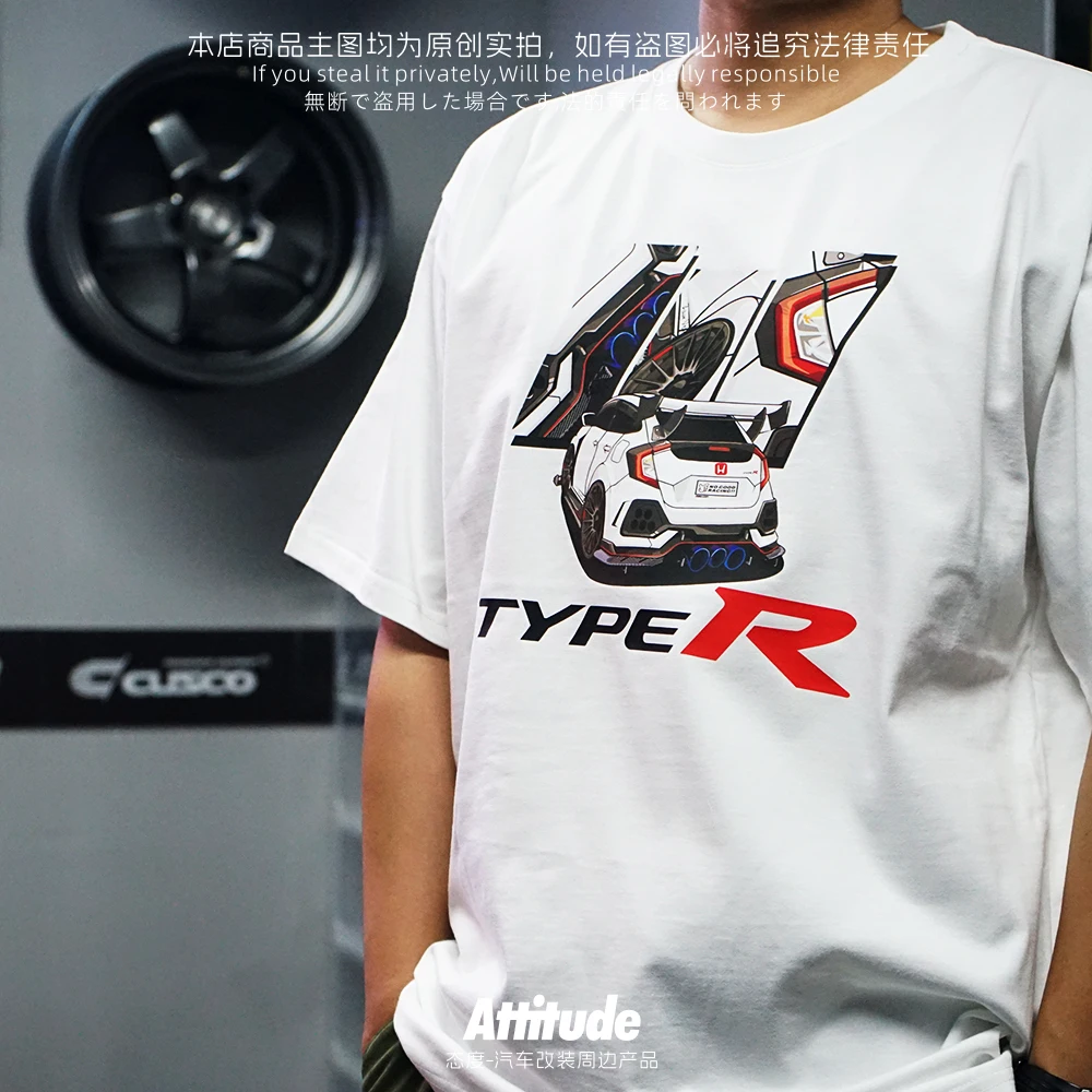 

JDM модифицированная автомобильная футболка с красным печатью Civic FK8 TypeR из плотного хлопка с короткими рукавами