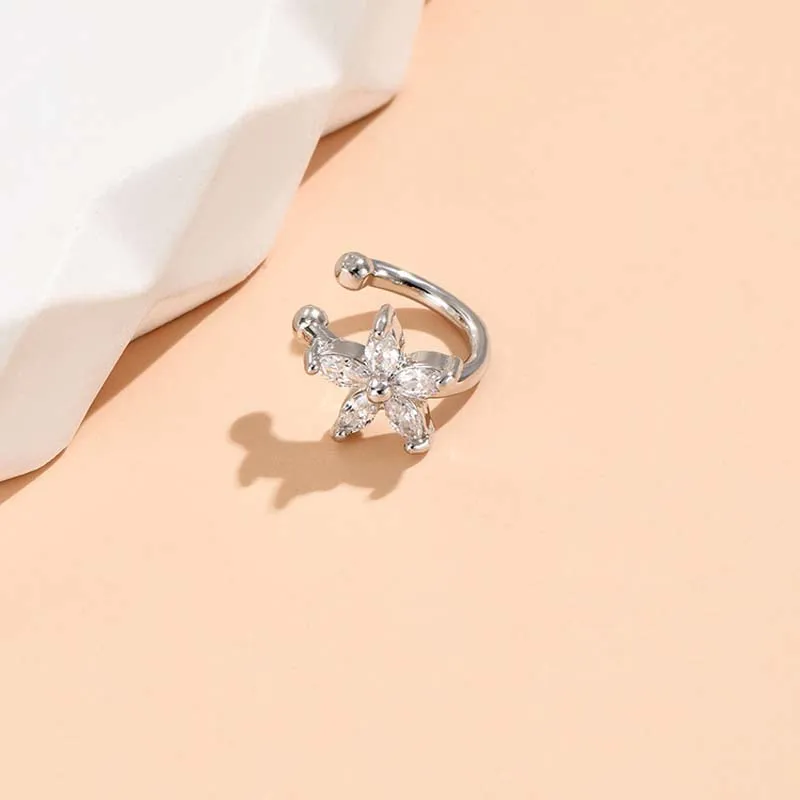 1 قطعة موضة لامعة الزركون زهرة قرط كبس للنساء الحد الأدنى فضي اللون الخماسي ستار لا ثقب وهمية الأذن الكفة مجوهرات