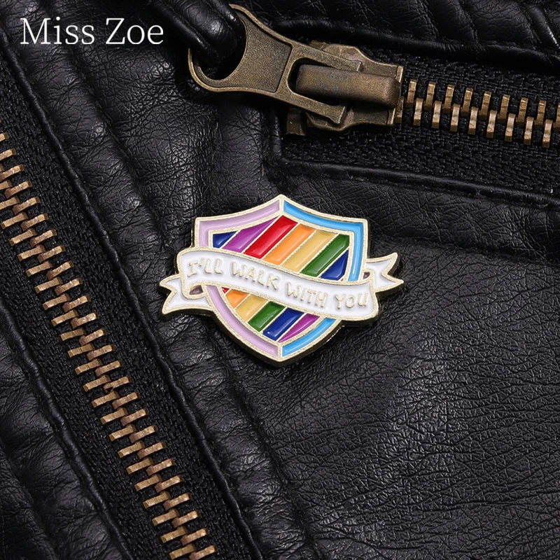 LGBTQ rainbow Shield Enamel Pin Custom ll Walk With You Brooches Lapel Backpack Badge Friendship Pride Jewelry Party Gifts