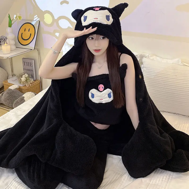 Cute Cartoon Sanrioed Kuromi pajama Women's Autumn/Winter Edition Thickened Plush Pajama Strap 3-Piece Home Clothing Set