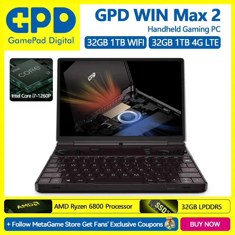 Игровой ПК GPD WIN Max 2, портативный игровой мини-ноутбук AMD Ryzen 6000, 32 ГБ ОЗУ + 1 ТБ Nvme, 10,1 дюйма, портативный игровой ноутбук