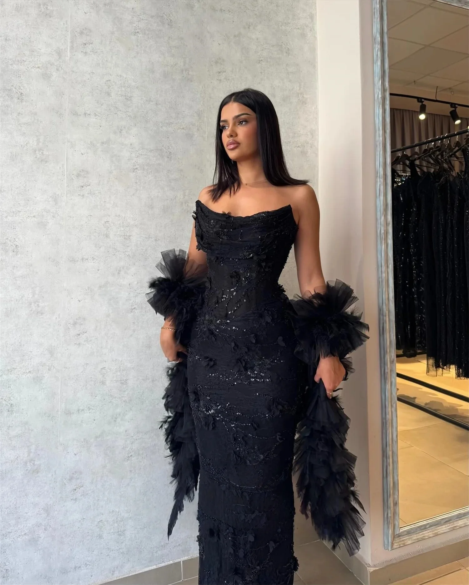 Zwarte pure bloemen lange op maat gemaakte gelegenheid jurk avondjurken prom pastorale unisex jersey retro dubai Saoedi-Arabisch aangepast