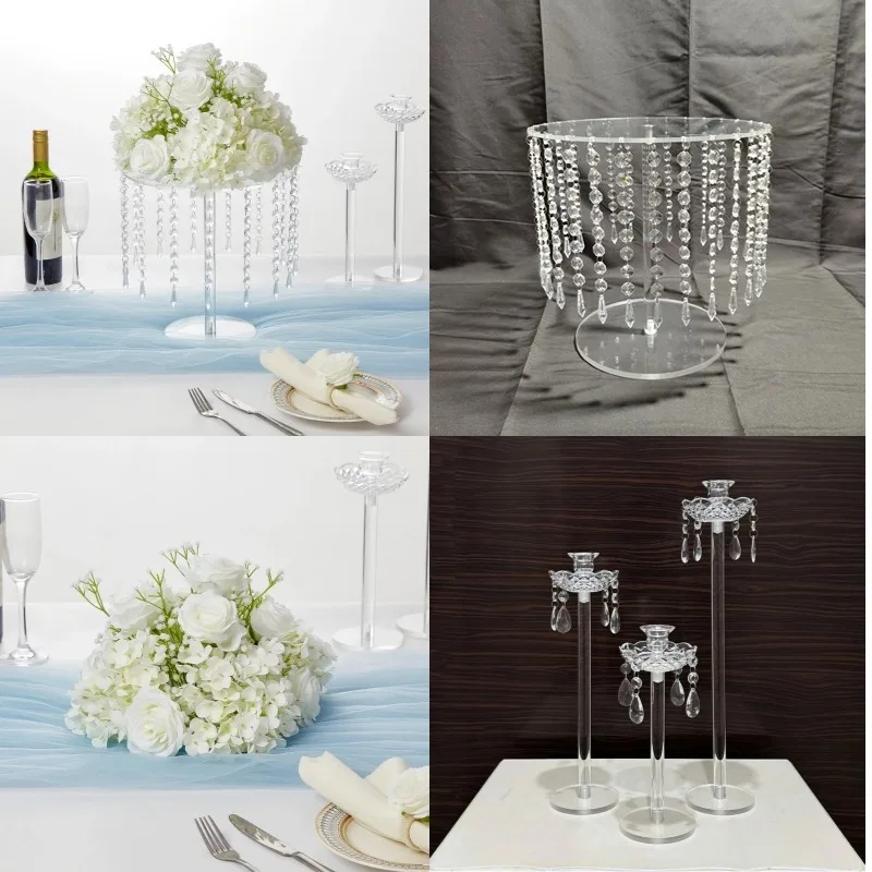 

Hydrangea Rose Wedding Table Centerpieces Artificial Flowers With Crystal Acrylic Cake Stand , Flower Bouquet Candlestick 5 sets