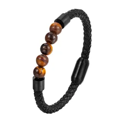 Unisex Gothic Jewelry Stainless Steel Natural Lava Stone Punk PVD Black Plated Tiger Eye Beaded Leather Bracelet