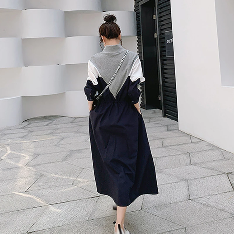 New Contrast Color Casual Dress Women 2024 Spring Autumn Loose Fit Half Open Collar Fashion Dresses Streetwear Commuting Dress