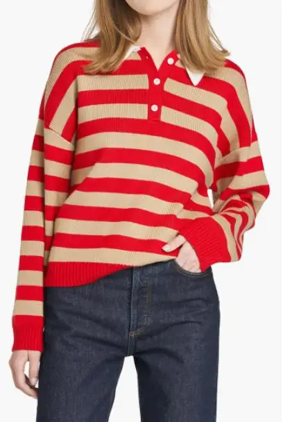 Women's Red And Beige Striped Knit Sweater With Buttoned Collar Long Sleeve Crew Neck Cardigan Classic Pullover