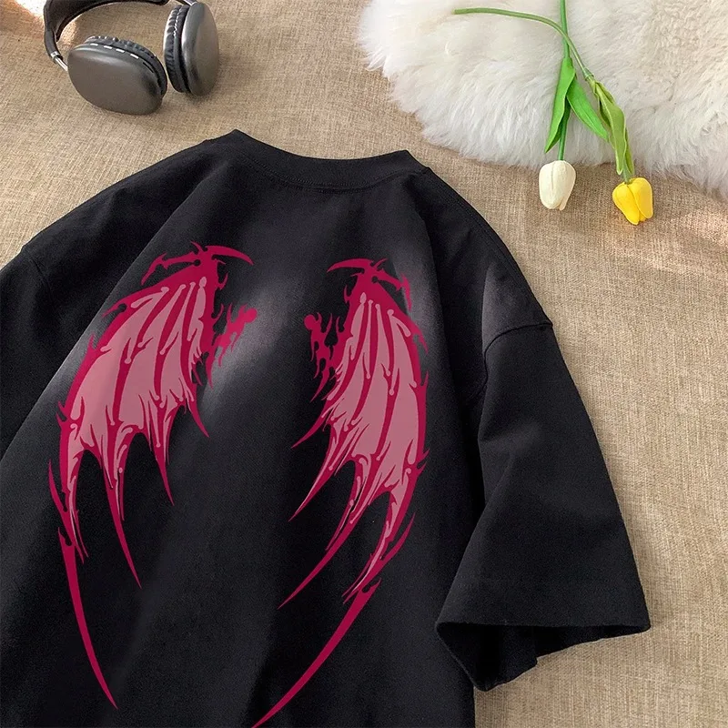 Angel Wings Printed T-shirt y2k Short Sleeve Letter Printing Tee 2024 Summer New Street Style T Shirts Duży rozmiar Unisex Tshirt