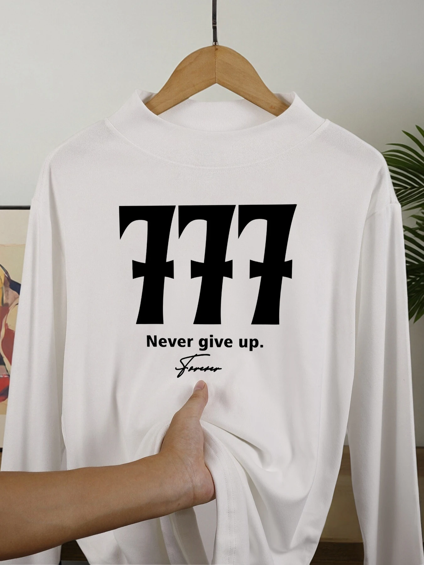 لا تتخلى أبدًا عن عدد 777 يطبع ملابس سميكة للرجال للخريف والشتاء قميص طويل الأكمام بلوفر جديد غير رسمي طبقة قاعدة دافئة قابلة للتمدد #1