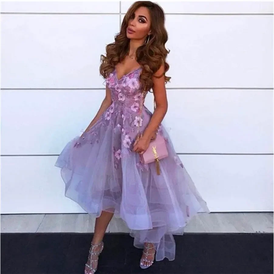 

Customized Lavender 3D Flower Cocktail Dresses High Low V Neck Lace Applique Vestidos De Gala Tulle Homecoming Gowns