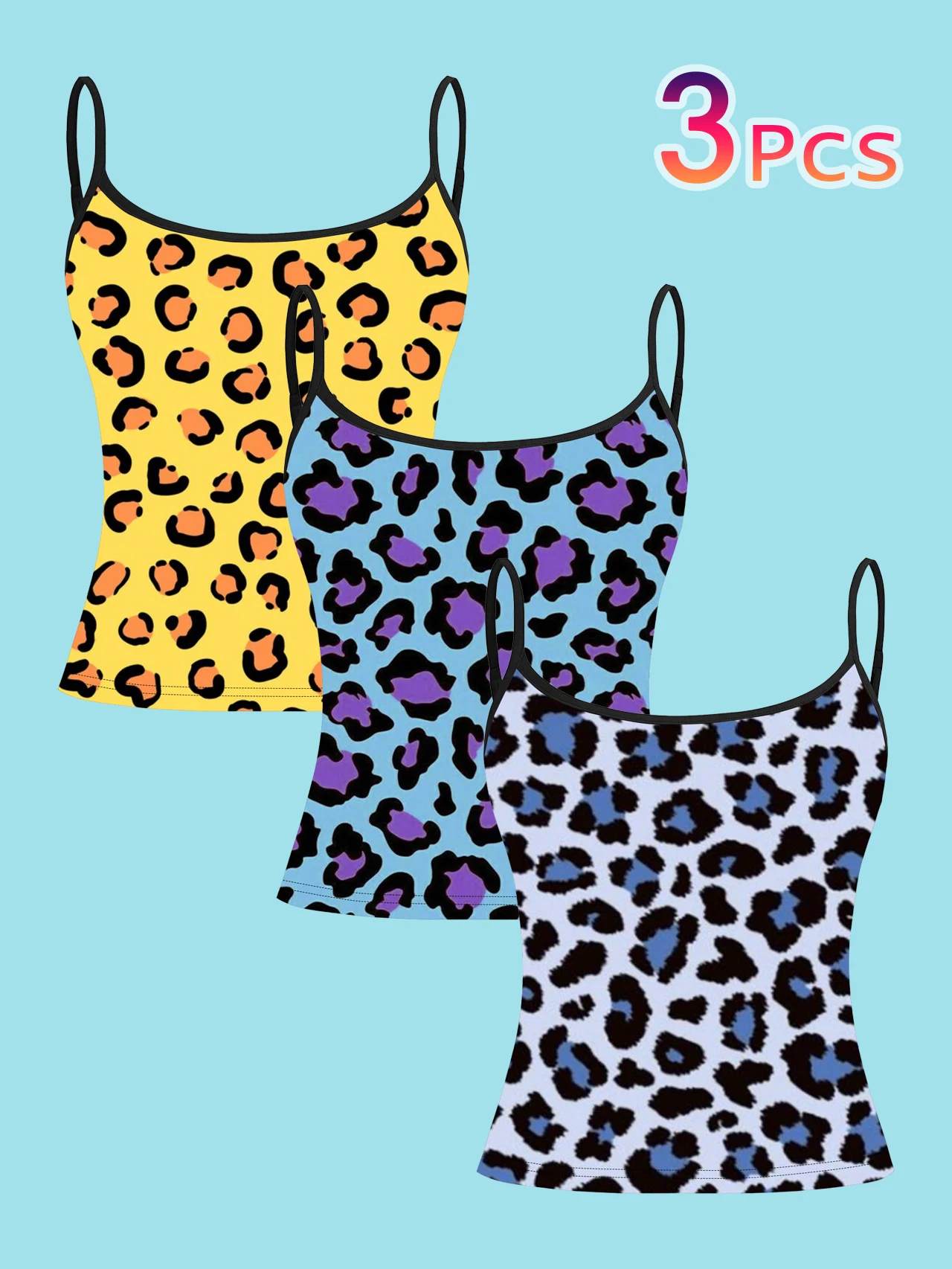 3-Pack Macaron-Colored Leopard Print Thin Camisole Tank Tops in Yellow, Orange, Blue, Purple, White, and Blue Animal Print Slim-Fit Sleeveless Tops Y2K Sweet and Cool Style for Layering or Wearing Alone