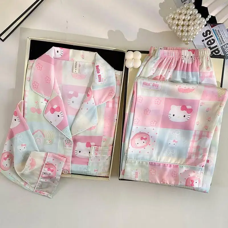 

Sanrio Hello Kitty Women Sleeping Pajamas Sets Kawaii Cartoon Spring and Autumn Long Sleeve Pants Sleepwear Loose Home Clothes
