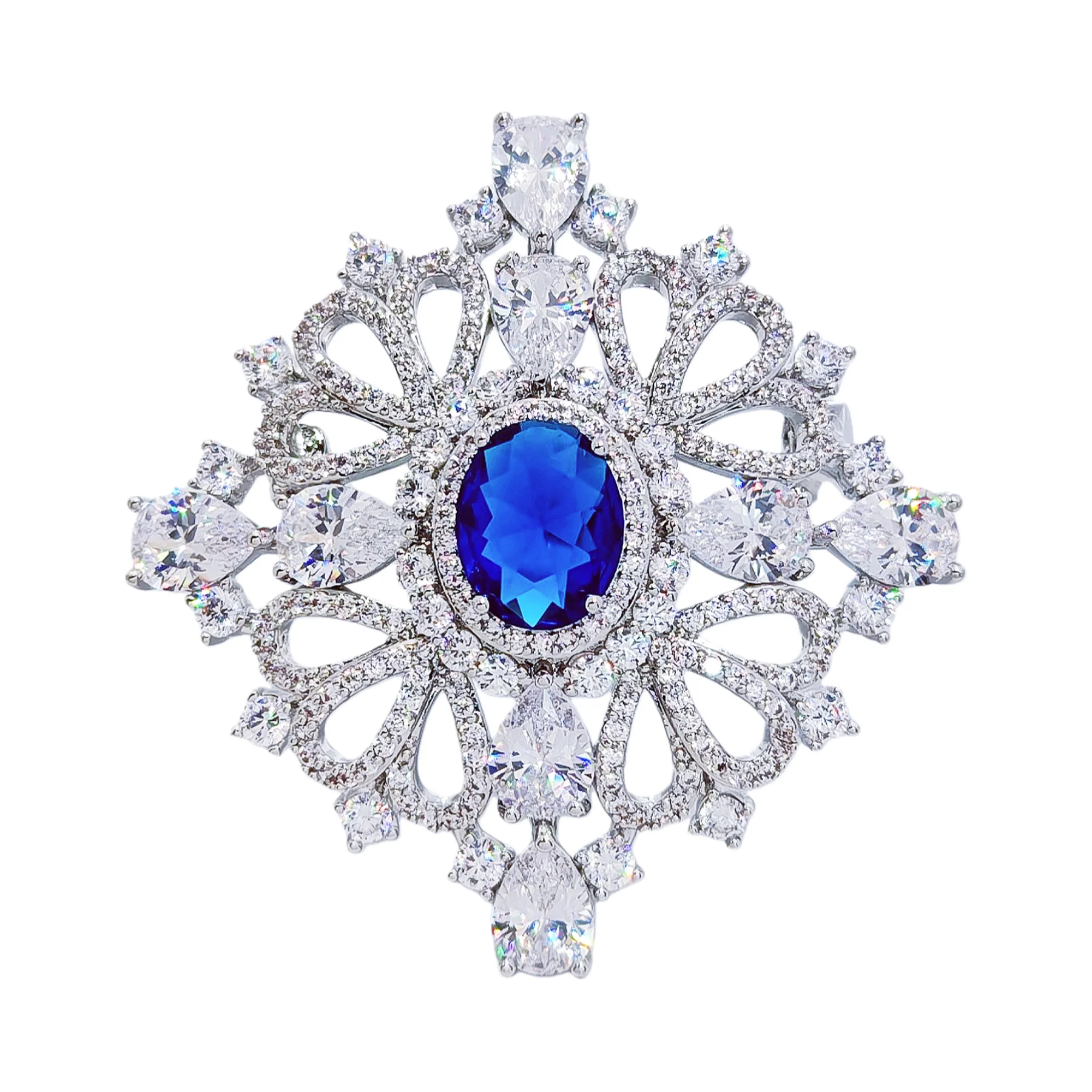 

Vintage Style Blue Sapphire Brooch, Sparkling Cubic Zirconia Statement Pin for Women, Elegant Silver-Tone Floral Brooch