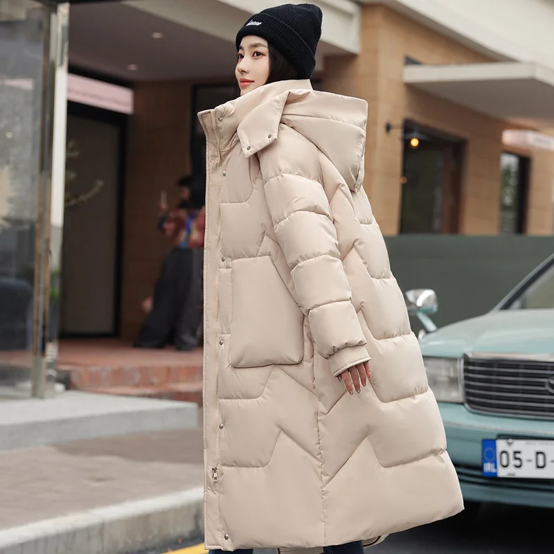 2025 Parka de invierno para mujer Chaqueta larga con capucha gruesa bolsillos sueltos con cremallera ropa cálida para la nieve nuevo abrigo acolchado de algodón para mujer XK530