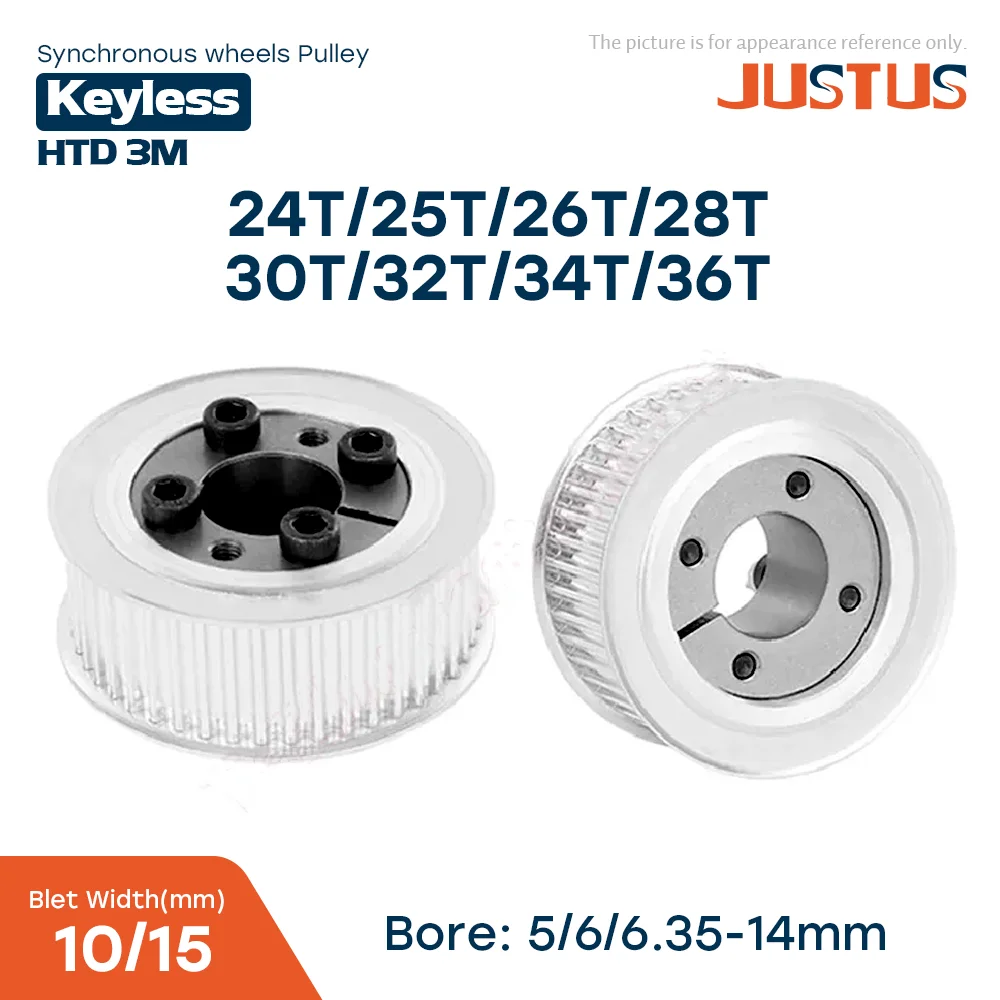 

HTD 3M 24T/25T/26T/28T/30T/32T/34T/36 Teeth Timing Pulley Keyless Bushing Bore 5/6/6.35/8/9/10/11/12/14mm for Belt Width 10/15mm