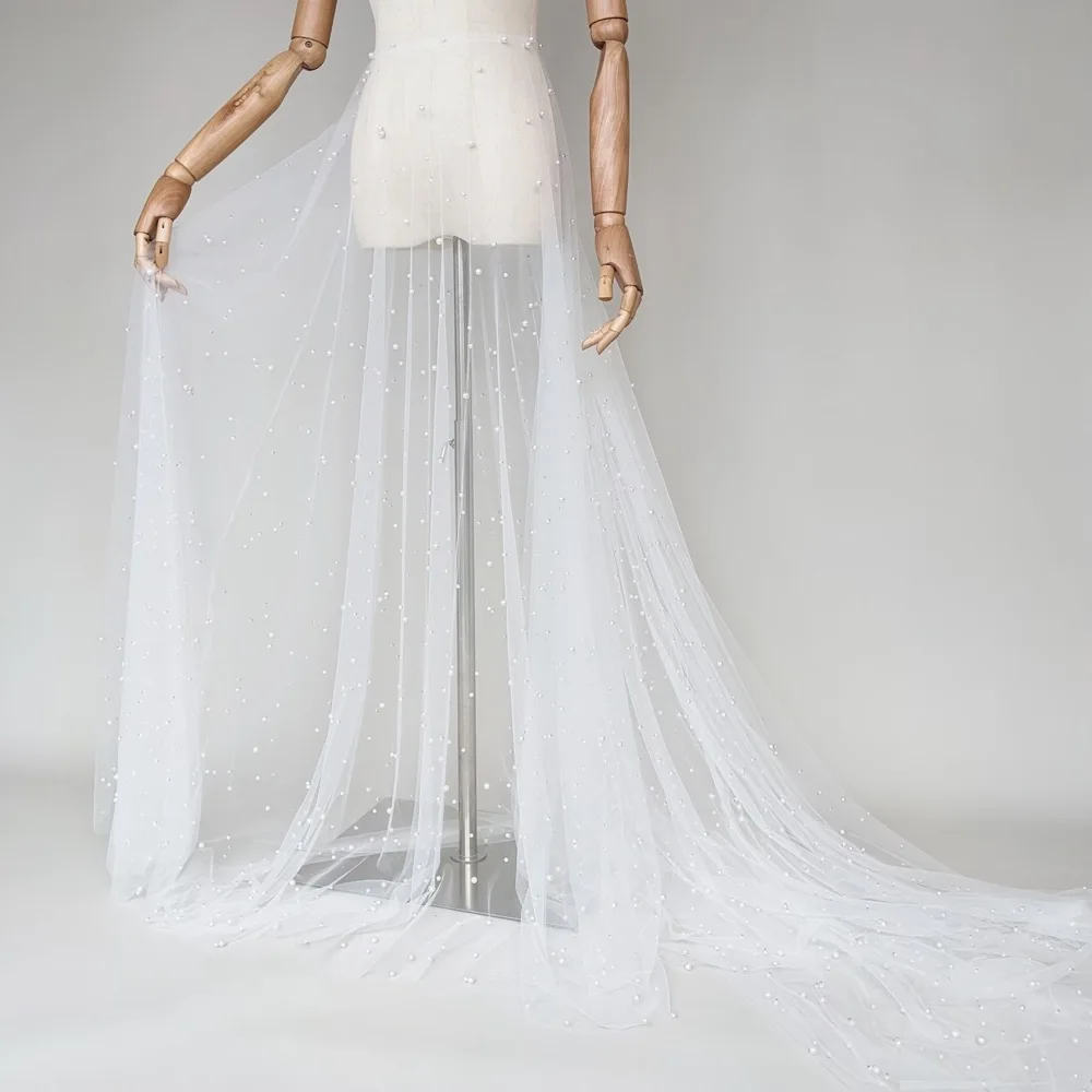 Pérolas Tulle Skirt com trem destacável, Luxo Boho Bridal Overskirt, Vestidos De Casamento Removível