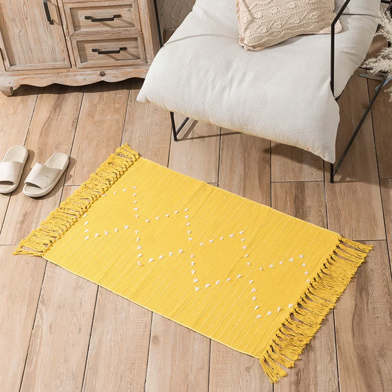 Nordic katoenen linnen bloem gesneden tapijt, grote print kwastje mat, slaapkamer nachtkastje bedmat, woonkamer, wit en zwart