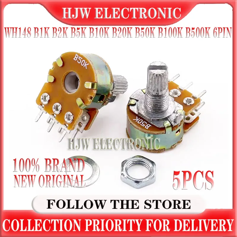 5pcs WH148 B1K B2K B5K B10K B20K B50K B100K B500K 6Pin Shaft Amplifier Dual Stereo Potentiometer 1K 2K 5K 10K 50K 100K 500K