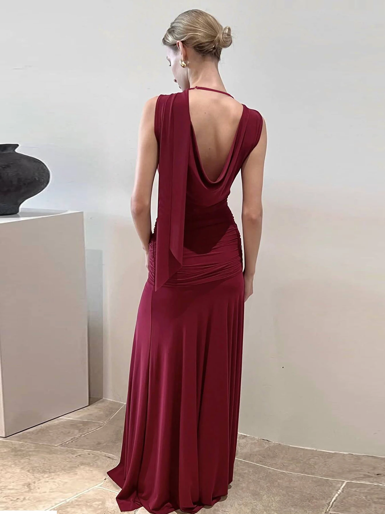 Hugcitar Halter Swing Collar Solid Slip Backless Ruched Bandage Pacthwork Mesh Maxi Dress Women Elegant Outfit Birthday Party