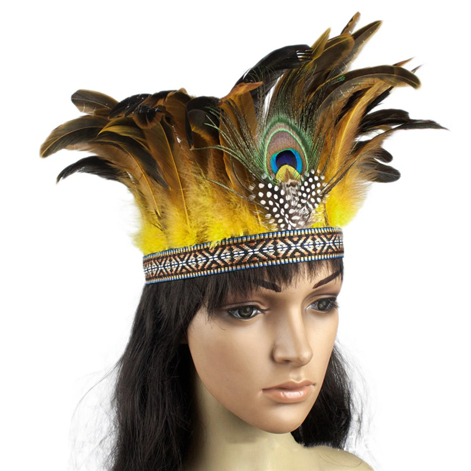 Costume da pavone con corona di piume copricapo decorativo Fascinator con fascia indiana per spettacolo di danza carnevale Halloween