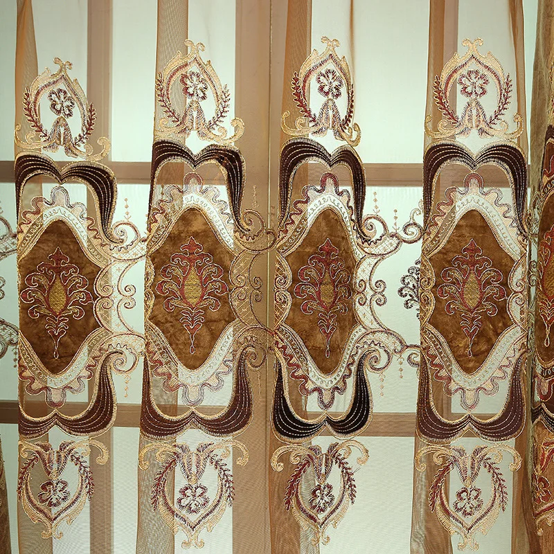 European Embroidery Fashion Pastoral Chenille Fabric Custom Size Blackout Blue and Brown Curtains for Living Dining Room Bedroom